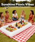 Three Pack Inflatable Serving Bars Cooler Set With Drain Plug Large 51.5 By 24.5 Inch Ice Buffet Trays with food and drinks at picnic