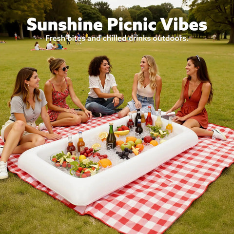 Three Pack Inflatable Serving Bars Cooler Set With Drain Plug Large 51.5 By 24.5 Inch Ice Buffet Trays with food and drinks at picnic