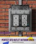 Weatherproof Two Gang Outdoor Electrical Box With Three Half Inch Threaded Outlets Die Cast Metal Enclosure Protects Against Moisture Dust And Insects Ideal For Outdoor Receptacles And Switches installed on brick wall
