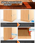 Instructions for measuring cabinet overlay with illustrations showing measurement steps on wooden cabinets.