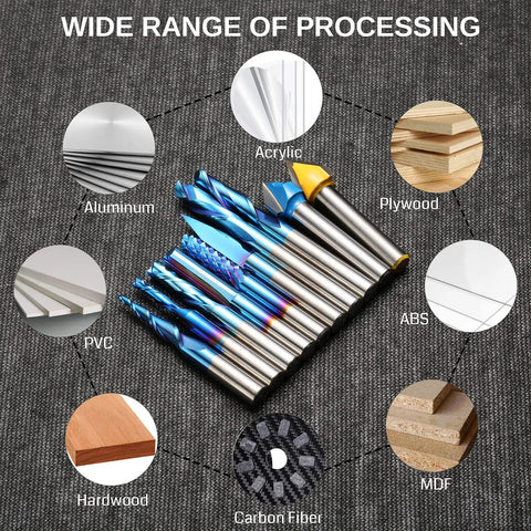 General Purpose CNC Router Bit Set One Quarter Inch Shank Nano Blue Coated Ten Piece Collection for Various Materials