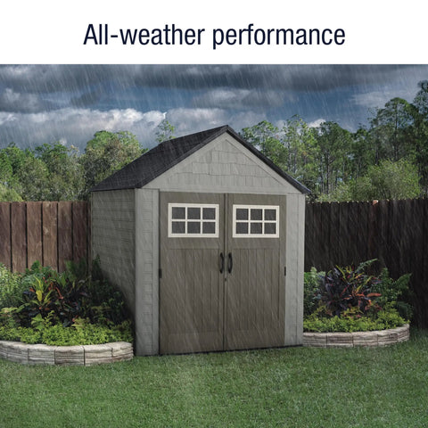 7x7 Weatherproof Outdoor Storage Shed For Garden Tools And Lawn Gear With Lockable Double Doors Sandstone Finish in rain