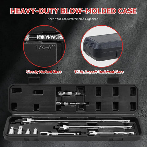 Heavy Duty 10 Piece Breaker Bar Set Featuring 180 Degree Swivel Head 3/8 1/2 1/4 Inch Drivers Extensions And Socket Adapters in blow-molded case.
