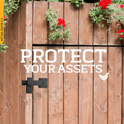 Black Barn Door Latch Hook With Hardware Reversible Privacy Lock shown on wooden gate with flowers.