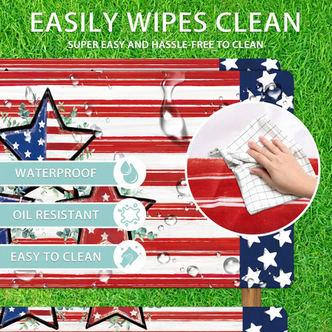 Flag Inspired Picnic Table Cover With Bench Covers, Waterproof Elastic Fitted Tablecloth For Outdoor Tailgate Dining, shows easy cleaning feature