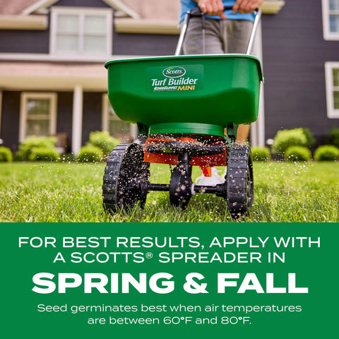 Person using a Scotts Turf Builder spreader on a lawn, related to the 3 In 1 Lawn Care Kit For Thick Greener Turf Sun And Shade Seed Fertilizer And Soil Improver To Fill Gaps And Get Up To 50 Percent Thicker Grass With One Easy Application Covers Up To 4000 Sq Ft.