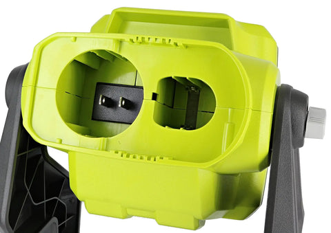 Close-up of the back of a One Plus 1800 Lumen 18V Hybrid LED Work Light With Flat Standing Base Onboard Mounting Options Corded Or Cordless Use Light Only Battery And Extension Cord Not Included.