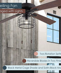 Boss Industrial LED Ceiling Fan With Cage Design And Lights, 52 Inch Black Housing With Rich Barnwood Blades in a modern room.