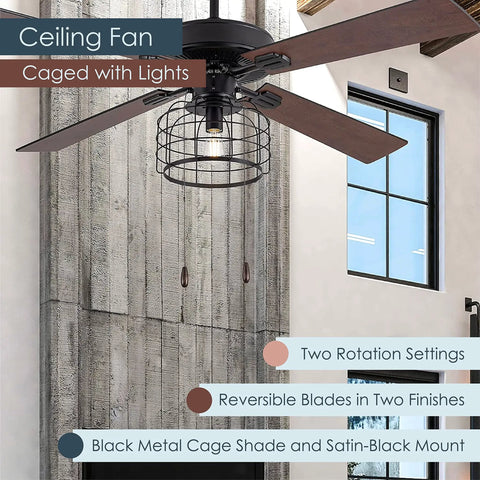 Boss Industrial LED Ceiling Fan With Cage Design And Lights, 52 Inch Black Housing With Rich Barnwood Blades in a modern room.