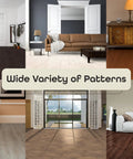 Room designs showcasing varied patterns of DIY Peel And Stick Vinyl Floor Planks White Oak Wood Look 6 Inch Wide 36 Inch Long.