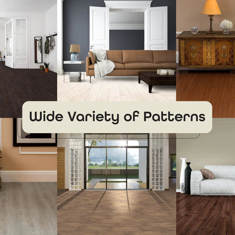 Room designs showcasing varied patterns of DIY Peel And Stick Vinyl Floor Planks White Oak Wood Look 6 Inch Wide 36 Inch Long.