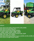 Three angles of a John Deere Gator utility vehicle, showcasing Built Tough Upper And Lower A Arm Suspension Bushings Kit for XUV models.