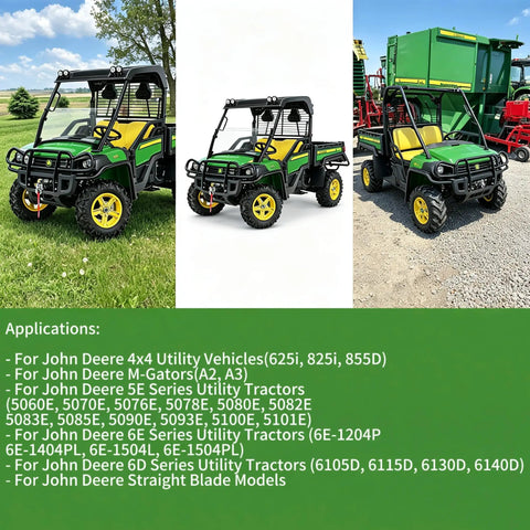 Three angles of a John Deere Gator utility vehicle, showcasing Built Tough Upper And Lower A Arm Suspension Bushings Kit for XUV models.