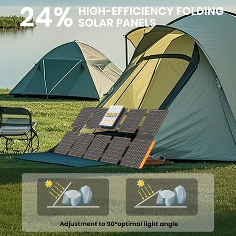 Ultra Portable 100W Solar Panel Foldable to Laptop Size in use next to a camping tent, highlighting 24% high efficiency.