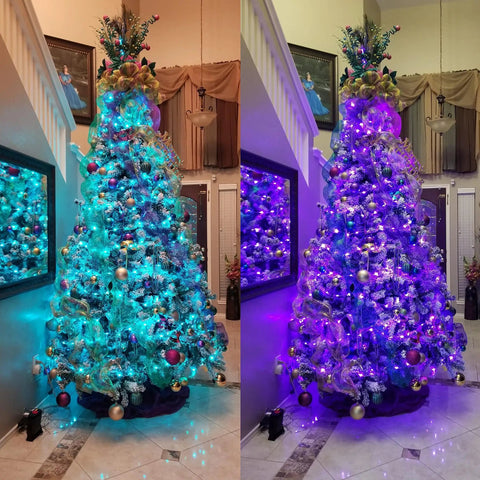 Christmas tree lit with 132Ft LED Rope Lights Outdoor String Light With 400 LEDs 24 RGB Colors Plus Warm White Waterproof