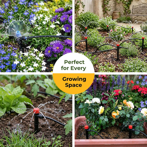 Collage of 100Ft Drip Irrigation System Kit With Quick Connect For Easy Install Garden Watering in flower and vegetable gardens