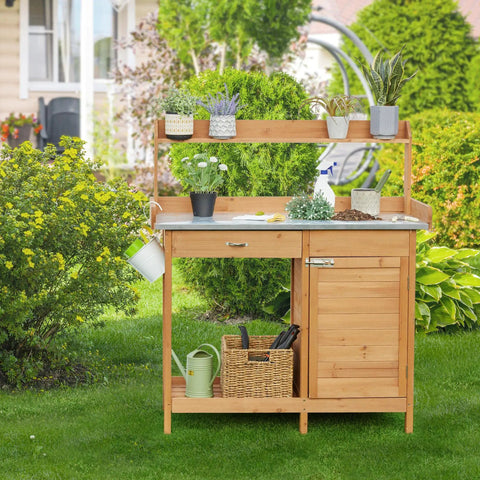 Outdoor Garden Potting Bench With Wood Tabletop And Open Shelf Cabinet Drawer Dope Fir Wood Workstation in garden setting