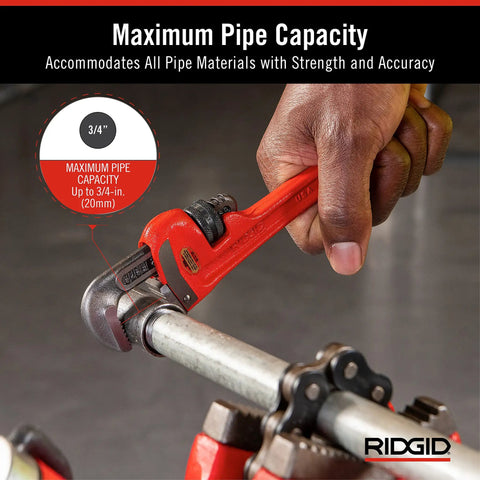 Person using Heavy Duty 6 Inch Straight Pipe Wrench For Plumbing Projects With Serrated Steel Jaw And Cast Iron Handle Red Finish
