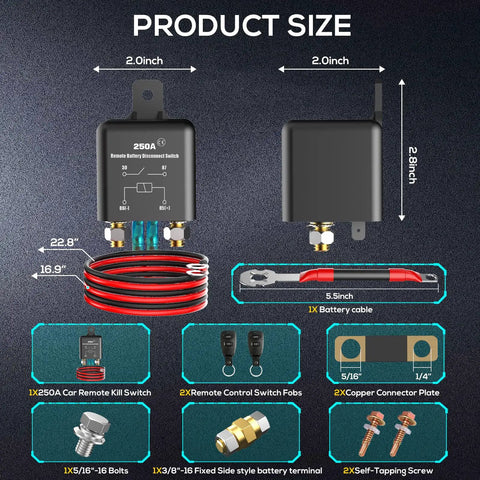 Remote Battery Disconnect Switch Kit 12V 250A Heavy Duty Quick Kill Prevent Battery Drain With Remote Control kit components