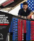 Magnetic Socket Organizer Set For Metric And SAE Tools on tool cart with man working, American flag in background, 6 Pack shown