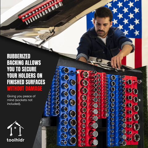 Magnetic Socket Organizer Set For Metric And SAE Tools on tool cart with man working, American flag in background, 6 Pack shown