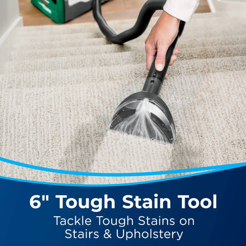 Big Green Professional Carpet Cleaner With XL DirtLifter PowerBrush, 9 Inch Long Reach Hose, 6 Inch Tough Stain Tool on stairs
