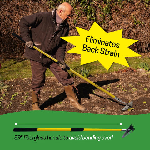 Man using Stand-Up Long-Handle Garden Hoe With 59 Inch Fiberglass Handle Cushioned Grips And Sharp Stainless Steel Blade