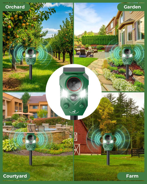 Motion Activated Solar Ultrasonic Animal Repeller with LED Flashing Lights in orchard, garden, courtyard, and farm settings