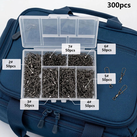 300 Pack Fishing Snap Swivels Tackle Barrel With Safety Snaps Beefed Up High Carbon Steel Nickel Coated For Saltwater And Freshwater Use Corrosion Resistant Long Lasting Two In One Rotating Fittings For Quick Replacement. 300pcs case, 50pcs each size