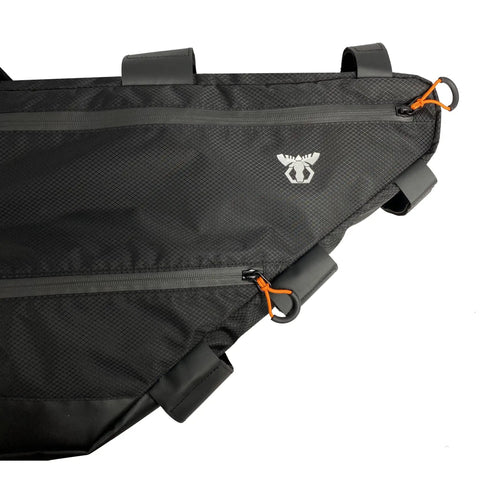 Close-up of black Full Frame Bike Bag For Bikepacking And Commuting Large 14L with durable, water-resistant construction