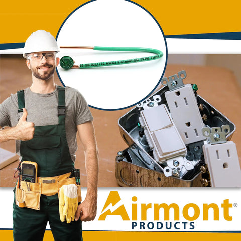 Electrician holding thumbs up with Pack Of Ten 12 AWG Solid Copper Ground Wires With Green Ground Screws For Electrical Boxes displayed.