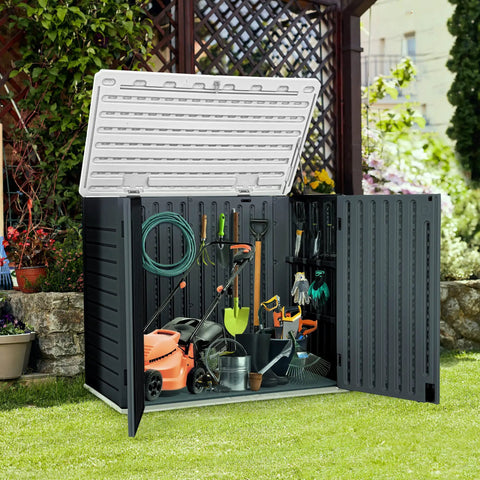 Outdoor Resin Storage Shed With Multi Opening Doors Easy Access Weatherproof Lockable 35 Cu Ft Capacity For Bikes Trash Cans And Garden Tools Durable Waterproof Dark Gray