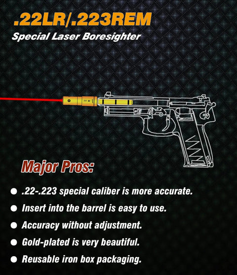 End Barrel Laser Bore Sight For.22LR And.223 Rem with Class IIIa Red Laser for revolvers, pistols, and rifles illustration.