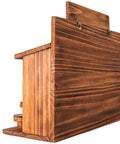 Side view of Wooden Squirrel Picnic Table Feeder With Four Seed Compartments And Seven Tier Bar Stools, durable burnt wood finish