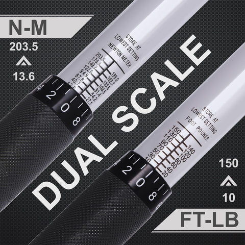 Close-up of dual scale on Half Inch Drive Click Torque Wrench Pro Grade With Ten To One Hundred Fifty Foot Pounds Range, black grip