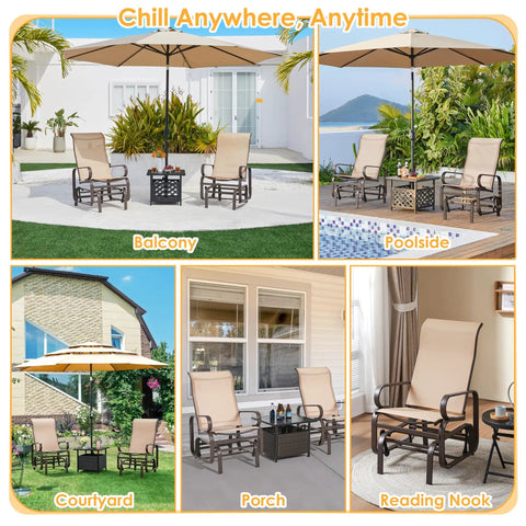 Outdoor Glider Chair Set Beige Sling Rocking Chairs With Steel Frame Weather Resistant Patio Gliders for porch settings