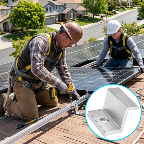 Two workers installing Rock Solid 10 Pack Aluminum Solar Panel End Clamps For 30mm Frame Height with tools on a roof.