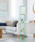 Aqua Floor Lamp Etagere Organizer With Three Shelves And Linen Shade Built In USB Ports And Outlet Under Shade For Easy Device Charging Space Saving