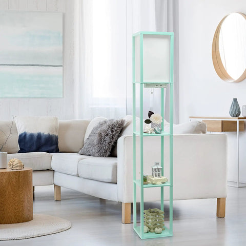 Aqua Floor Lamp Etagere Organizer With Three Shelves And Linen Shade Built In USB Ports And Outlet Under Shade For Easy Device Charging Space Saving