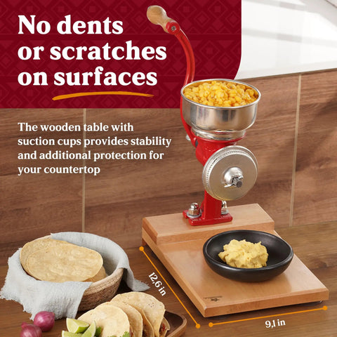 Dope Manual Grain Mill With Wooden Table And Low Hopper Cast Iron Nixtamal Grinder For Corn Rice Chickpeas And Masa Easy Clamp On Countertop Attachment Durable Kitchen Milling Tool For Fresh Flour