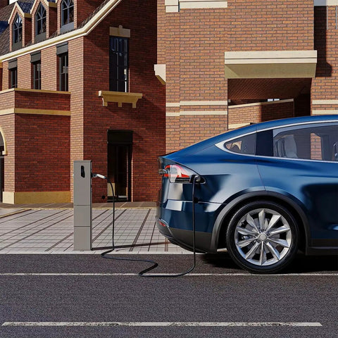 Heavy Duty Type 2 Ev Charger Cable 32 Amp 3 Phase 22 Kw Fast Charging Cord 5 Meter Length connected to an electric car at a charging station.