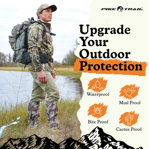 Man by lake wearing adjustable leg gaiters lightweight waterproof leg guards for men and women perfect for hiking hunting trekking and fishing defense force camo 1 pair