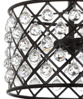 Close-up of Oil Rubbed Bronze 2 Light Iron And Crystal Semi Flush Mount Ceiling Fixture For Bedroom Modern Glam With Clear Crystals UL Listed LED Bulbs Included Elevates Any Modern Bedroom Decor lattice pattern with clear crystals.