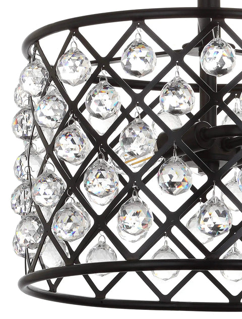 Close-up of Oil Rubbed Bronze 2 Light Iron And Crystal Semi Flush Mount Ceiling Fixture For Bedroom Modern Glam With Clear Crystals UL Listed LED Bulbs Included Elevates Any Modern Bedroom Decor lattice pattern with clear crystals.