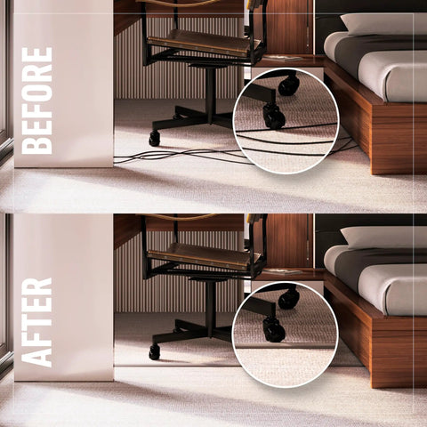 Before and after of 15 Foot Brown Floor Cord Cover For Cables And Wires Holds One Cable With Pressure Sensitive Tape For Indoor Use Conceals Cords Creating A Safe Trip Free Surface And Professional Room Finish.
