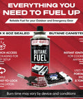 4 Pack 8 Oz Butane Gas Canisters For Kitchen Torch And Camp Stove High Heat Fuel shown with stove and torch use