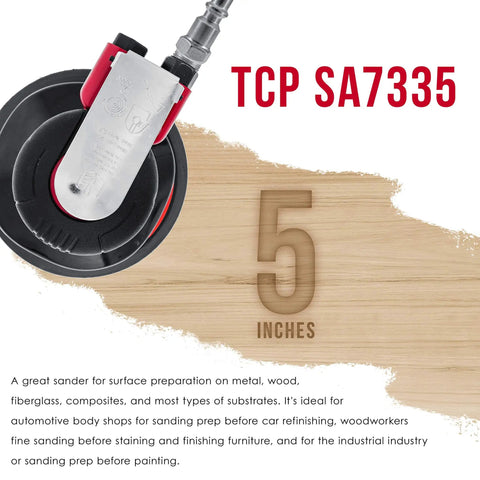 Heavy Duty 5 Inch Dual Action Random Orbit Air Palm Sander With PSA And Hook And Loop Backing Pads for Auto Body Shop and Woodworking Projects Pro Grade Performance over wood surface