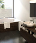 Modern bathroom with 10 Inch Tall Chrome Single Handle Bathroom Sink Faucet Low Flow 1.2 GPM, featuring easy install aerator.