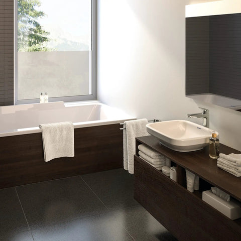 Modern bathroom with 10 Inch Tall Chrome Single Handle Bathroom Sink Faucet Low Flow 1.2 GPM, featuring easy install aerator.
