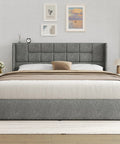 Game Changing King Bed Frame With Hydraulic Gas Lift Storage Super Roomy Linen Upholstered Base and deep underbed compartments in grey.